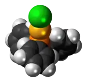 Space-filling model of the chloro(triphenylphosphine)gold(I) molecule