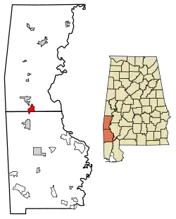 Location of Cullomburg in Choctaw County and Washington County, Alabama.