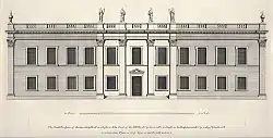 Drawing of a two-storey classical house with statues and urns along the roof