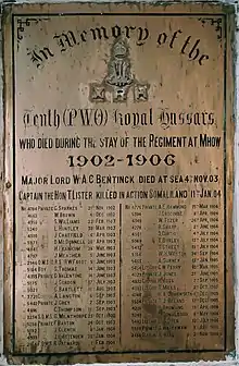 The 10th (Prince of Wales' Own) Royal Hussars were stationed at Mhow from 1902 to 1906 when several of their Officers and Men died