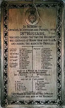 The 18th Hussars commemorated those who died while the Unit was at Mhow from 1889 to 1891 and during their March to Umballa