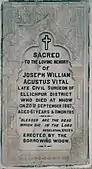 The widow of Joseph William Augustus Vital, the Civil Surgeon of Mhow installed this white marble plaque in memory of her late husband