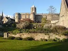 Christ Church War Memorial Garden, looking north from the western end of Broad Walk, with Tom Tower in the background