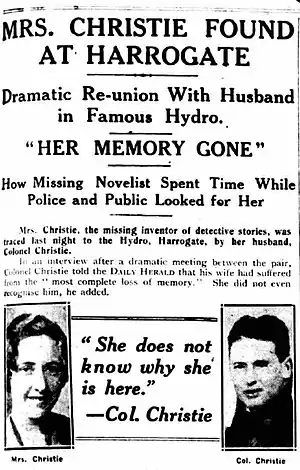 Newspaper article with portraits of Agatha and Archie Christie