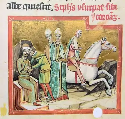 A man with moustache and wearing a ducal cap sits on the throne and a horseman carries a royal crown