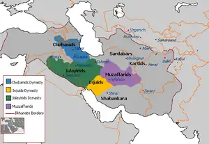 Fragmentation of the territory of the Ilkhanate territory into various polities, including the Jalayirids ( )