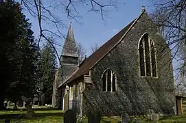 View from the east, towards the lychgate, April 2021.