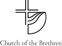 A cross with branches of equal size made up of two parallel lines with the bottom-left corner dovetailing into a wave that connects as part of a circle: The words "Church of the Brethren" are written below.