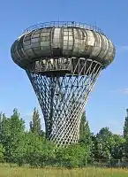 Hyperboloid water tower with toroidal tank, Ciechanów, Poland, 1972.