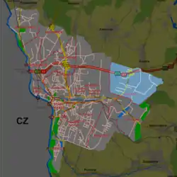 Krasna highlighted on map of Cieszyn