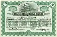 Stock certificate of the Cincinnati, Indianapolis & Western Railroad issued in 1917