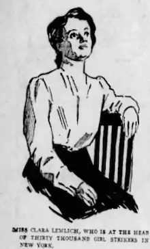 Black and white sketch of Lemlich, seated
