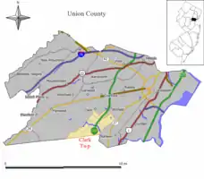 Location of Clark in Union County highlighted in yellow (left). Inset map: Location of Union County in New Jersey highlighted in black (right).