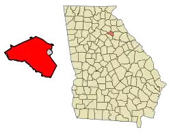 Location of Athens in Clarke County (left) and of Clarke County in Georgia (right)