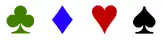 English four-color Poker decks use black spades, green clubs, red hearts, and blue diamonds. (Caro, Multicolor, Avonmore, Copag, Modiano)