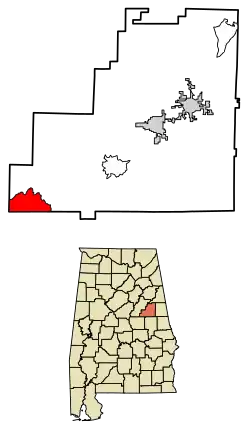 Location of Hollins in Clay County, Alabama.