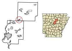 Location of Quitman in Cleburne County and Faulkner County, Arkansas.