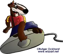 A cartoon badger sitting on a computer mouse.