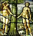 Neo-Gothic 19th century or earlier copy of Albrecht Altdorfer painted glass window featuring Adam and Eve. From West Riddlesden Hall, Riddlesden.