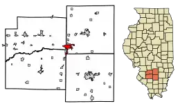 Location of Centralia in (clockwise) Clinton, Marion, Jefferson, and Washington Counties, Illinois.