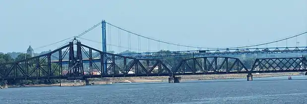 The Clinton Railroad Bridge connects Fulton and Clinton, Iowa.