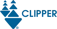 The Clipper logo. Two ships, each composed of three rounded blue triangles pointing upwards atop one blue triangle pointing downwards. The ship on the right is twice as large as the ship on the left. At the right is the word "Clipper" in all capital letters.