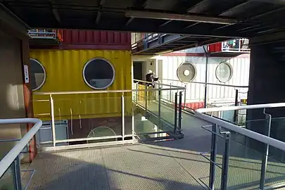 The second-floor walkway linking Container City I and Container City II