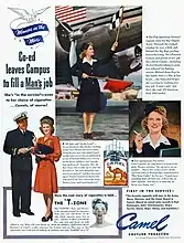 Women in the War cigarette ad showing a woman signalling civilian aircraft. The ad associates taking a "man's job" and smoking cigarettes like a man: "Co-ed leaves Campus to fill a Man's job. She's "in the service" -- even to her choice of cigarettes..."
