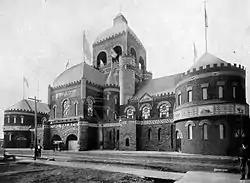 This exterior photo is taken from the east side of the Palace. The main entrance is on the right.