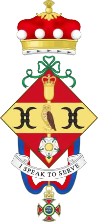 The arms of Betty Boothroyd, Baroness Boothroyd, with two millrinds