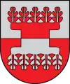 A coat of arms depicting five red leaves in a straight, horizontal row on a grey background at the top and five grey leaves on a red background at the bottom