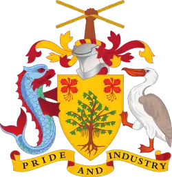 Coat of arms of Barbados with Sugar Canes held saltirewise.