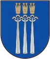 A coat of arms depicting three golden crowns with five spikes protruding from their tops all on a blue background