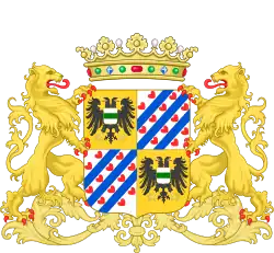 Two golden lions hold a crowned shield with a multicolored decoration