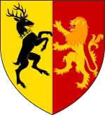 A coat of arms showing a gold on red lion and a black on gold crowned stag combatant.