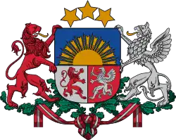 Coat of arms of Latvia (established 15 July 1921) with Livonia (Vidzeme and Latgalia) represented by the white griffin in the shield and as one of the supporters