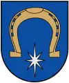 A coat of arms depicting a golden horseshoe hovering over a white, 8-point star all on a blue background bordered by a thin, black line