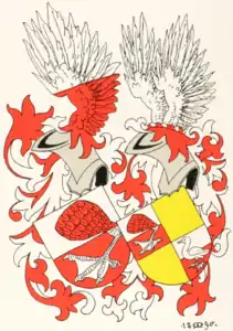 The coat of arms adopted by Johann Hinrich Gossler in 1773 to the left; the "improved" coat of arms used from 1832 to the right