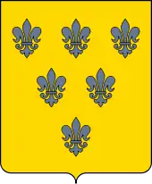 On a yellow shield shape sit six blue fleurs-de-lis in a triangular formation whose tip points downwards.