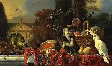 Cockatoo and Monkey by a Wicker Basket of Fruit (no date), oil on canvas. 76.5 x 127.6 cm., private collection