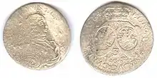 Coin of the Duchy of Courland and Semigallia with portrait of Ernst Johann von Biron, Vytis (Waykimas), and the Polish Eagle, 1764