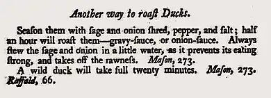 Recipe for cooking duck, with page numbers cited for earlier cookery books by other writers