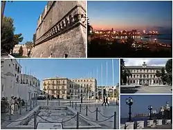 From top, left to right: Norman-Swabian Castle, Top right: Night in Pane e Pomodoro Beach, Bottom left: Ferrarese Square, Bottom upper right: Bari University in Andrea da Bari street, Bottom lower right: View of Punta Perotti seaside area