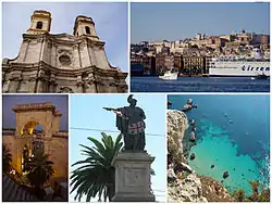 Clockwise from top left: St. Anne's Church; view of the port; Cala Fighera; statue of King Charles Felix of Sardinia; and Bastione of Saint Remy