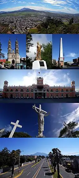 Top:Panoramic view of Tepic and Sangangüey Volcano, from Santiago Hills, Second:Tepic Cathedral, Al Niño Heroe monument in Juan Escutia Park, Independent Obelisk in Bicentenario Square, (left to right) Third:Tepic Government Palace, Fourth:A crucifix statue in Cruz Hills, Bottom:Tepic Institution Technology Center (Instituto Tecnológico de Tepic)