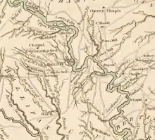 An excerpt from John Collet's 1770 map showing the Roanoke River running Northwest to Southeast, with Halifax depicted as a large settlement on the river at the center of the map.