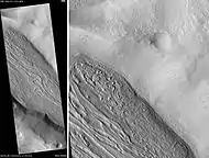 Coloe Fossae Lineated valley fill, as seen by HiRISE.  Scale bar is 500 meters long.