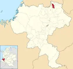 Location of the municipality and town of Guachené in the Cauca Department of Colombia.