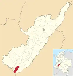 Location of the municipality and town of Palestina, Huila in the Huila Department of Colombia.