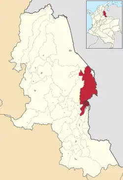 Cúcuta in Department of Norte de Santander. Urbanized area in dark gray, municipality in red.